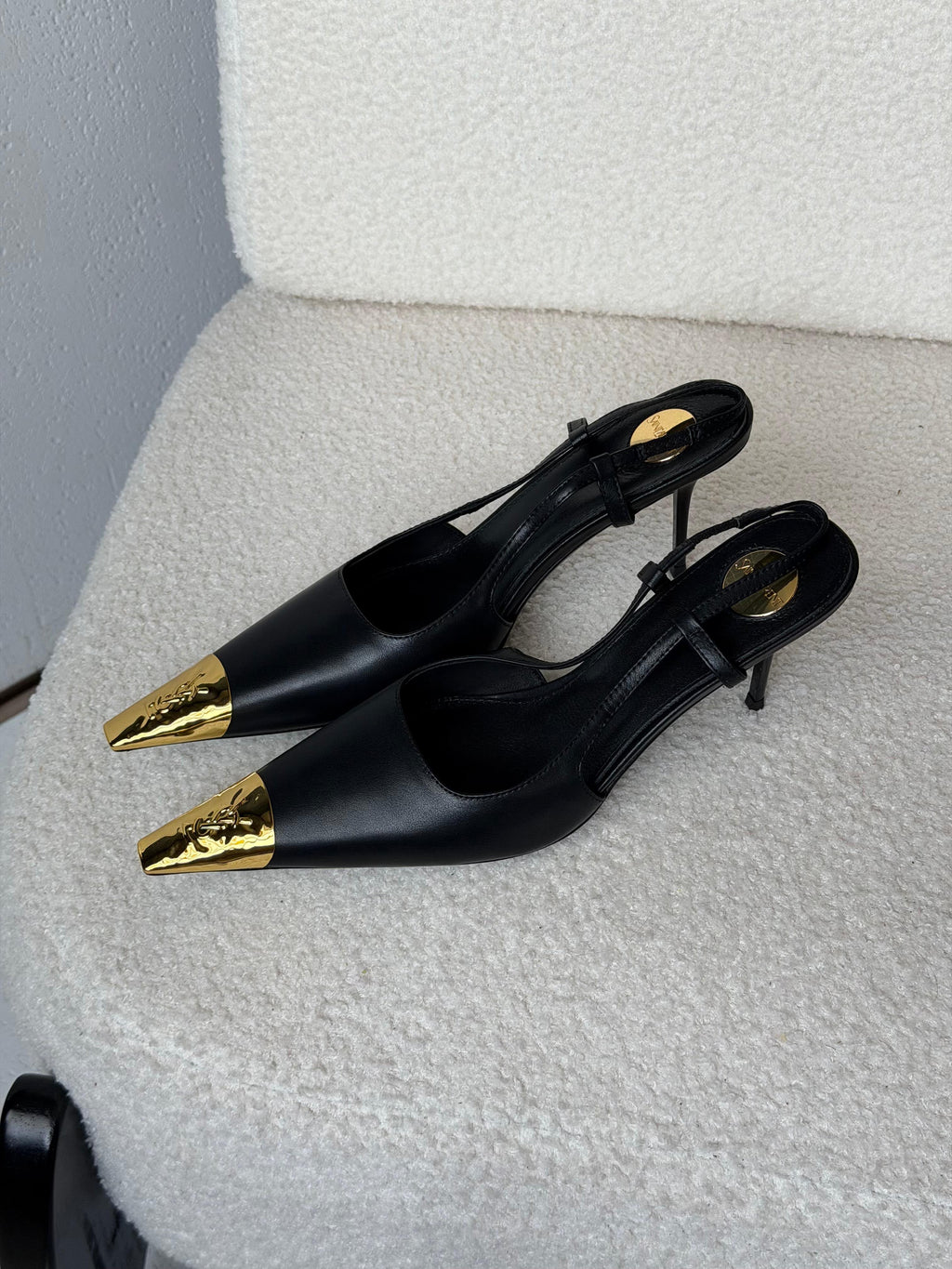 Saint Laurent Jeanne Leather Slingback Pumps with Metal Cap Toe