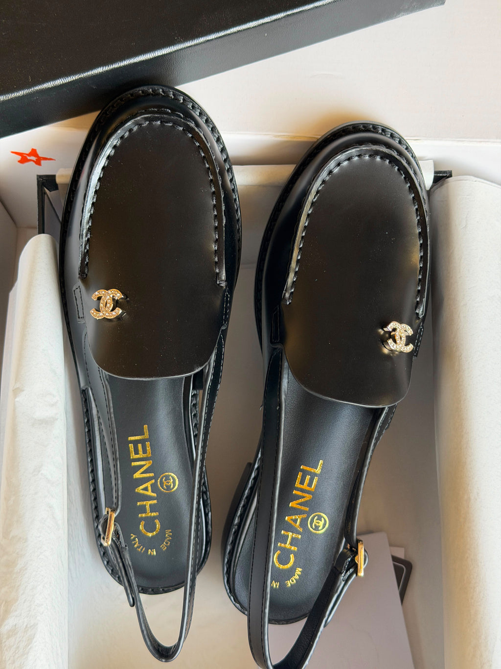 Chanel CC Logo Slingback Leather Loafers