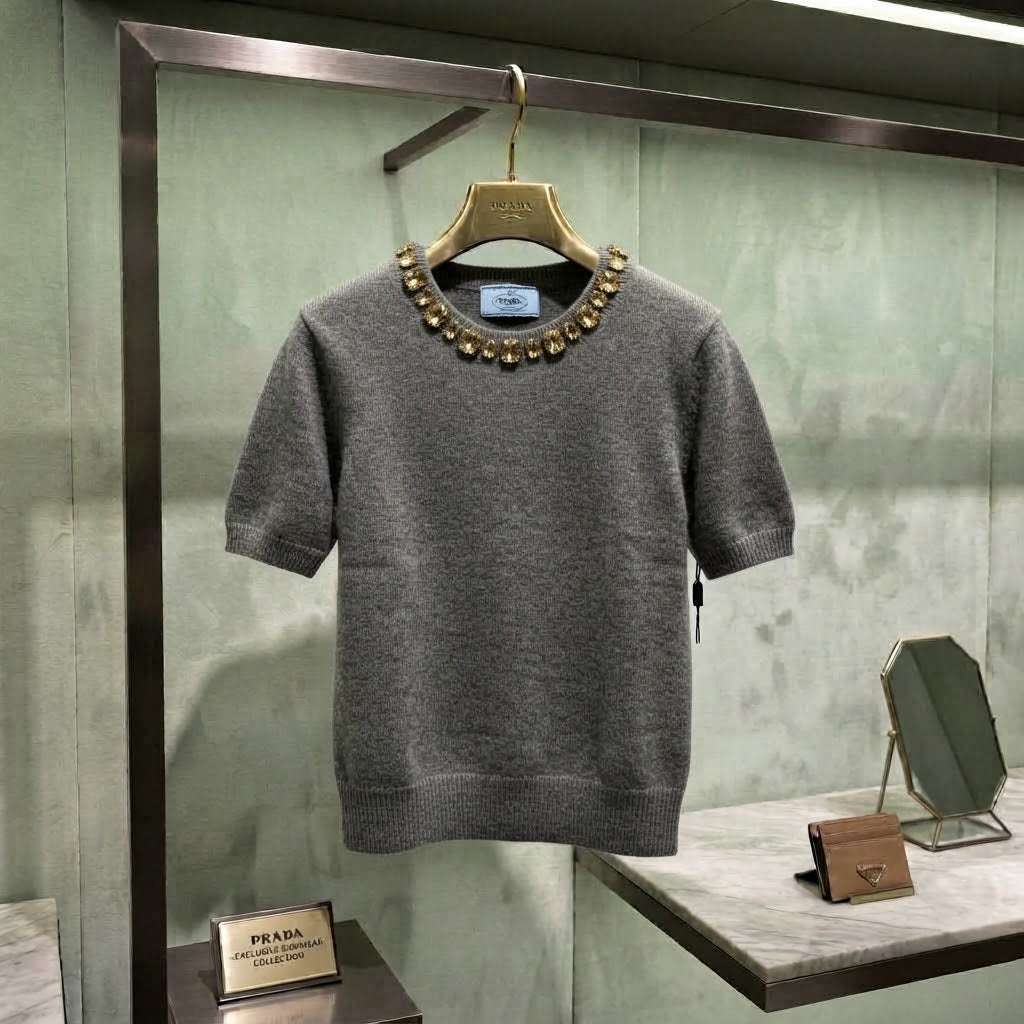 PRADA Short-Sleeve Cashmere Top with