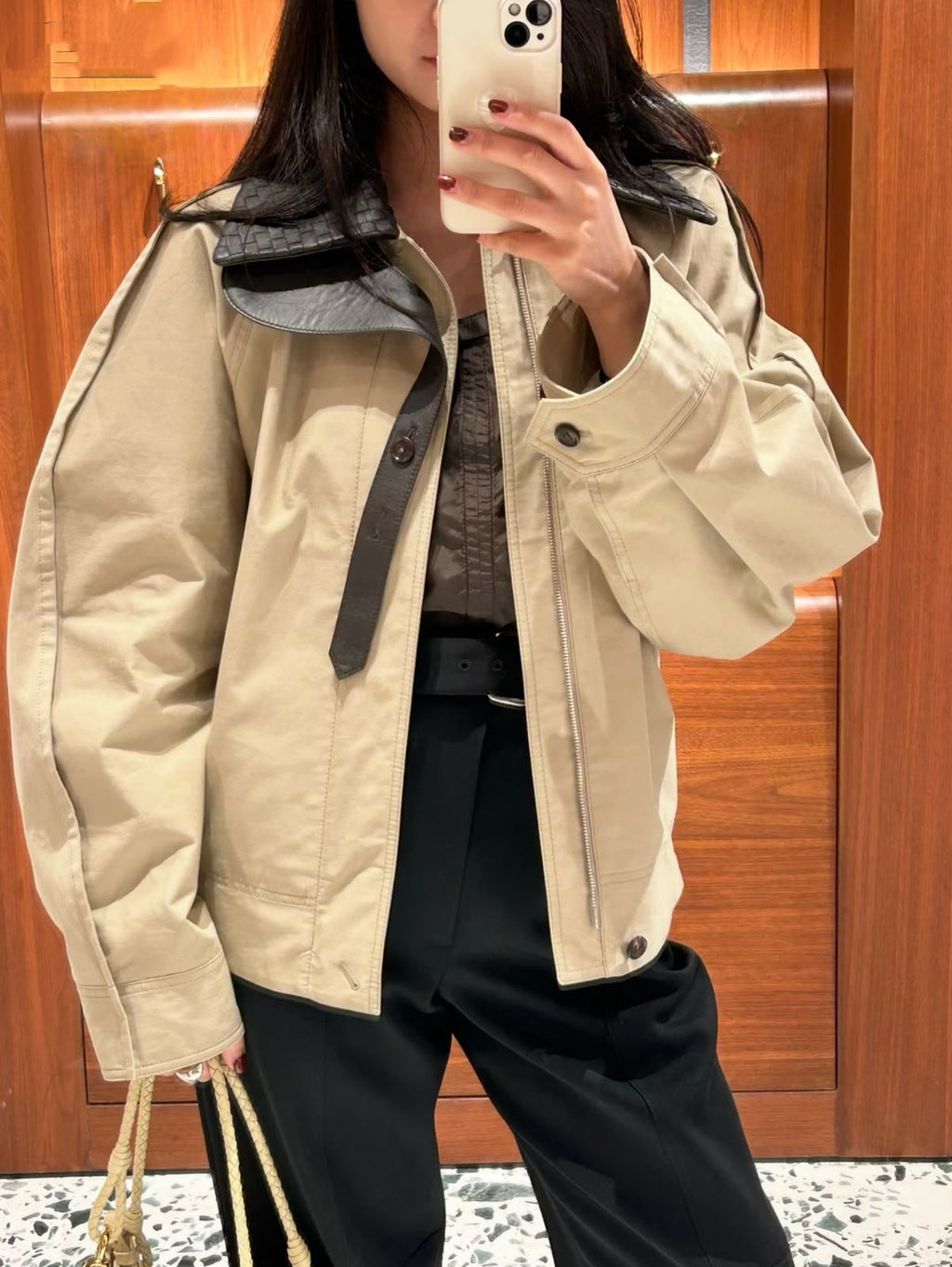 Bottega Veneta Intrecciato Leather Collar Cotton Canvas Jacket