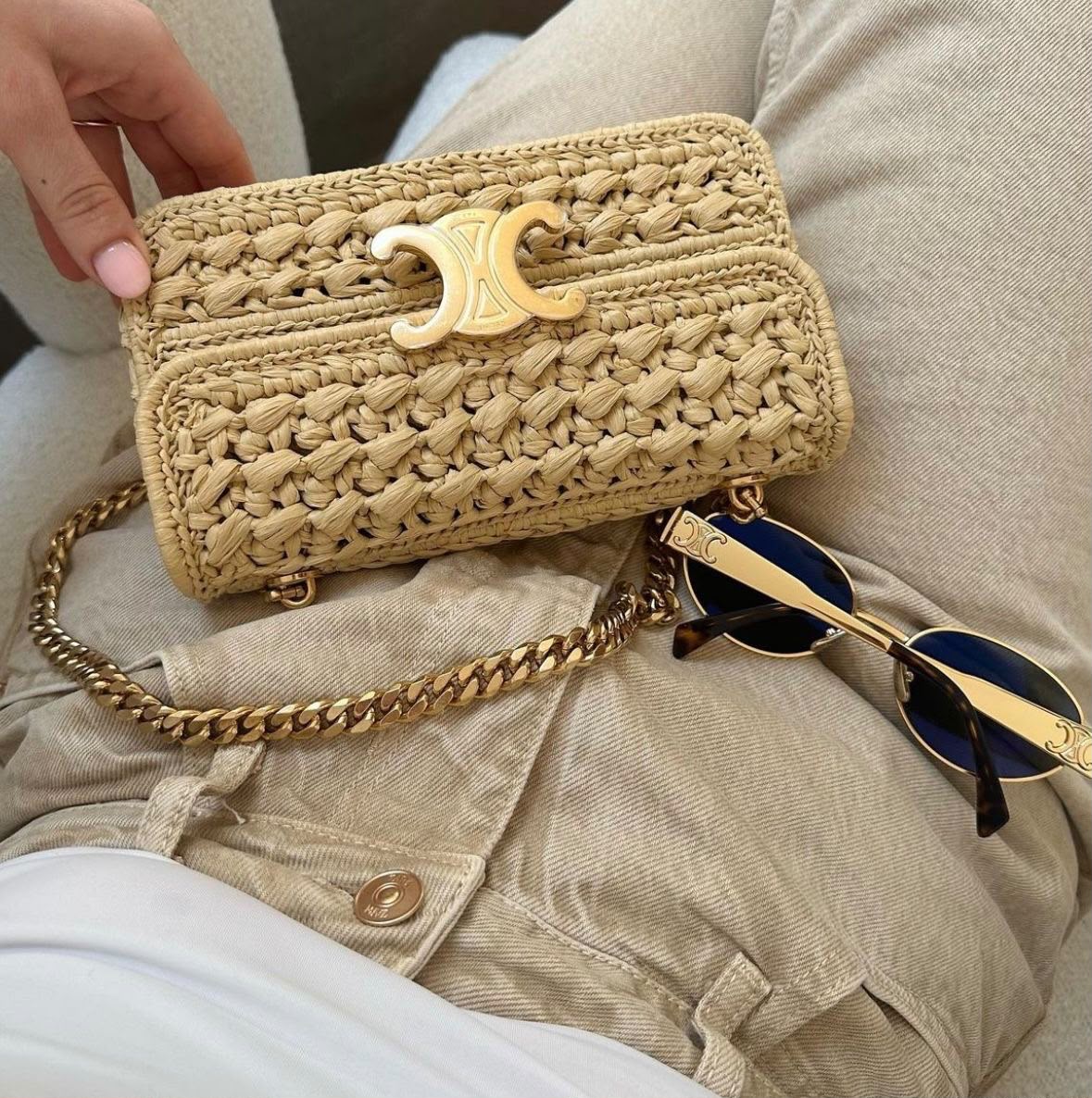 Celine Chain Shoulder Bag Claude in Raffia-Effect Textile