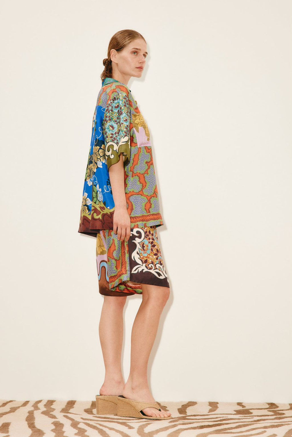 Alémais Multi-Color Patchwork Print Silk Short-Sleeve Shirt and Shorts Set