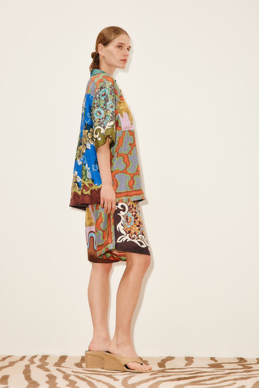 Alémais Multi-Color Patchwork Print Silk Short-Sleeve Shirt and Shorts Set