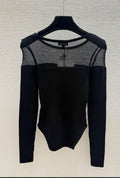 Chanel Sheer Mesh Paneled Long-Sleeve Knit Top with CC Hardware