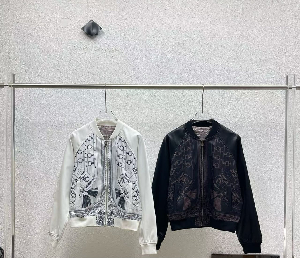 : Dior Printed Silk & Leather-Style Bomber Jacket