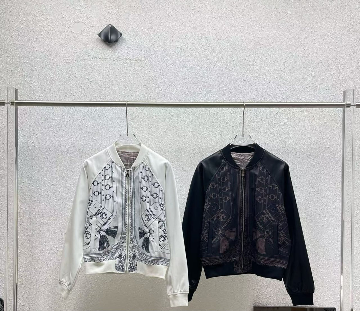 : Dior Printed Silk & Leather-Style Bomber Jacket