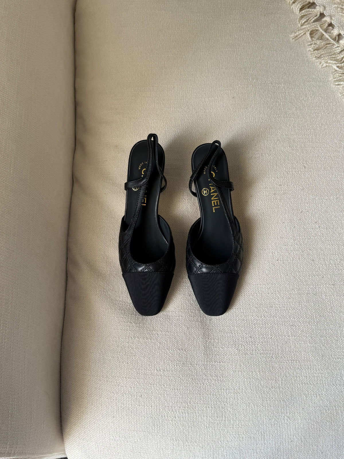 CHANEL Quilted Cap-Toe Slingback Heels