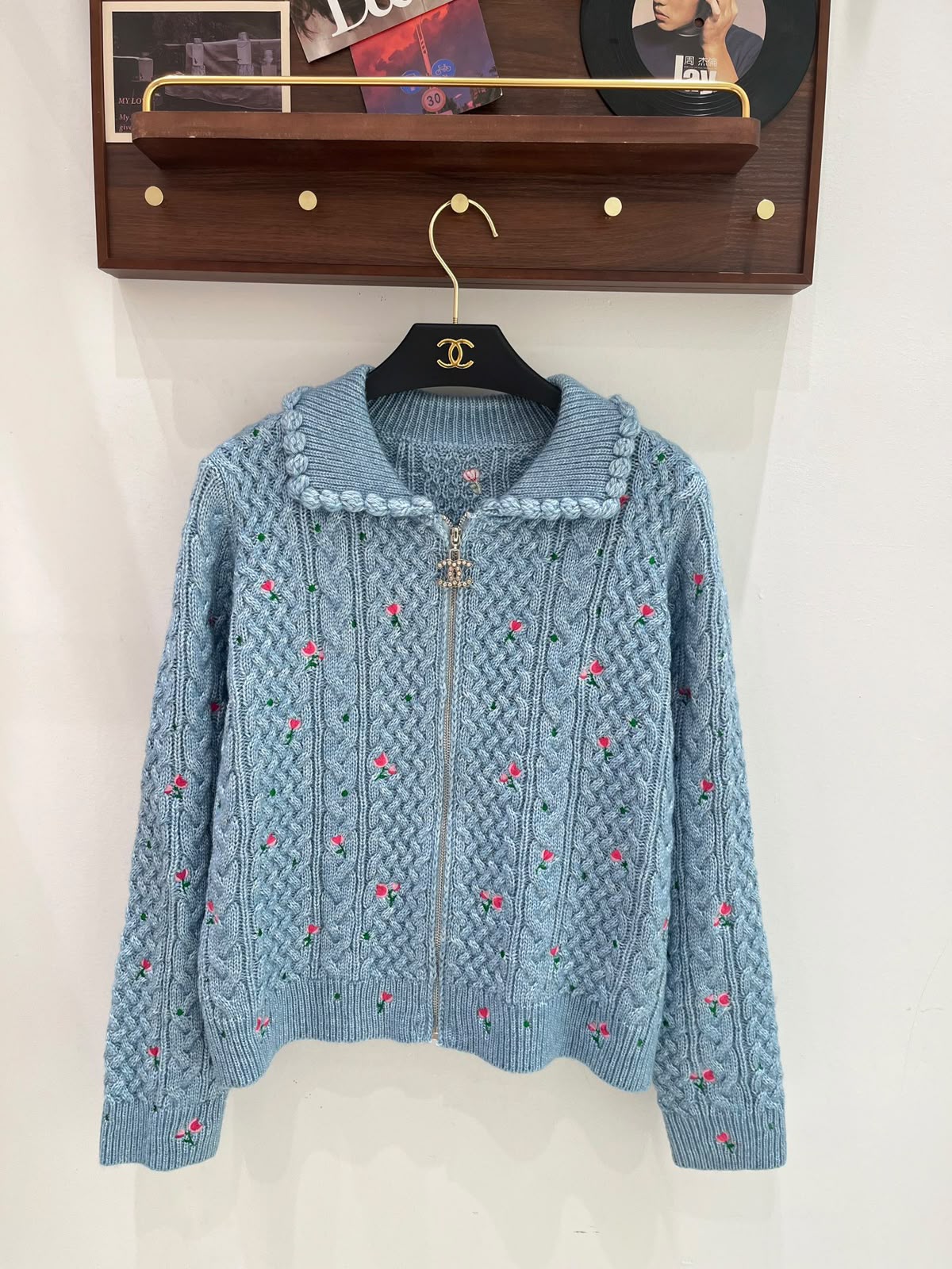 CHANEL Floral Zip-Up Knit Cardigan