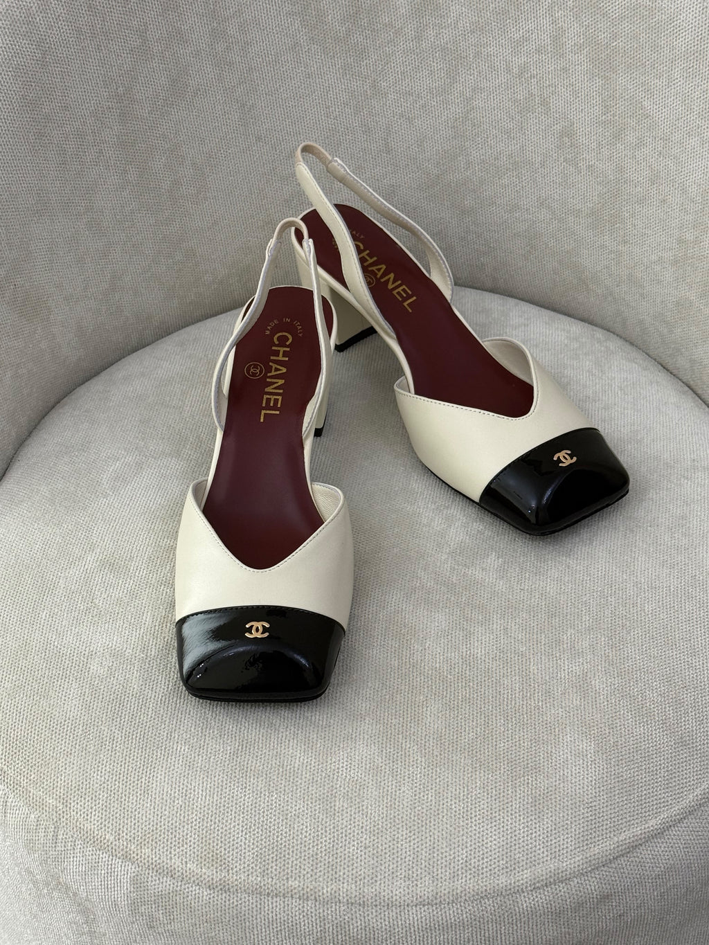 Chanel Patent Cap-Toe Slingback Pumps