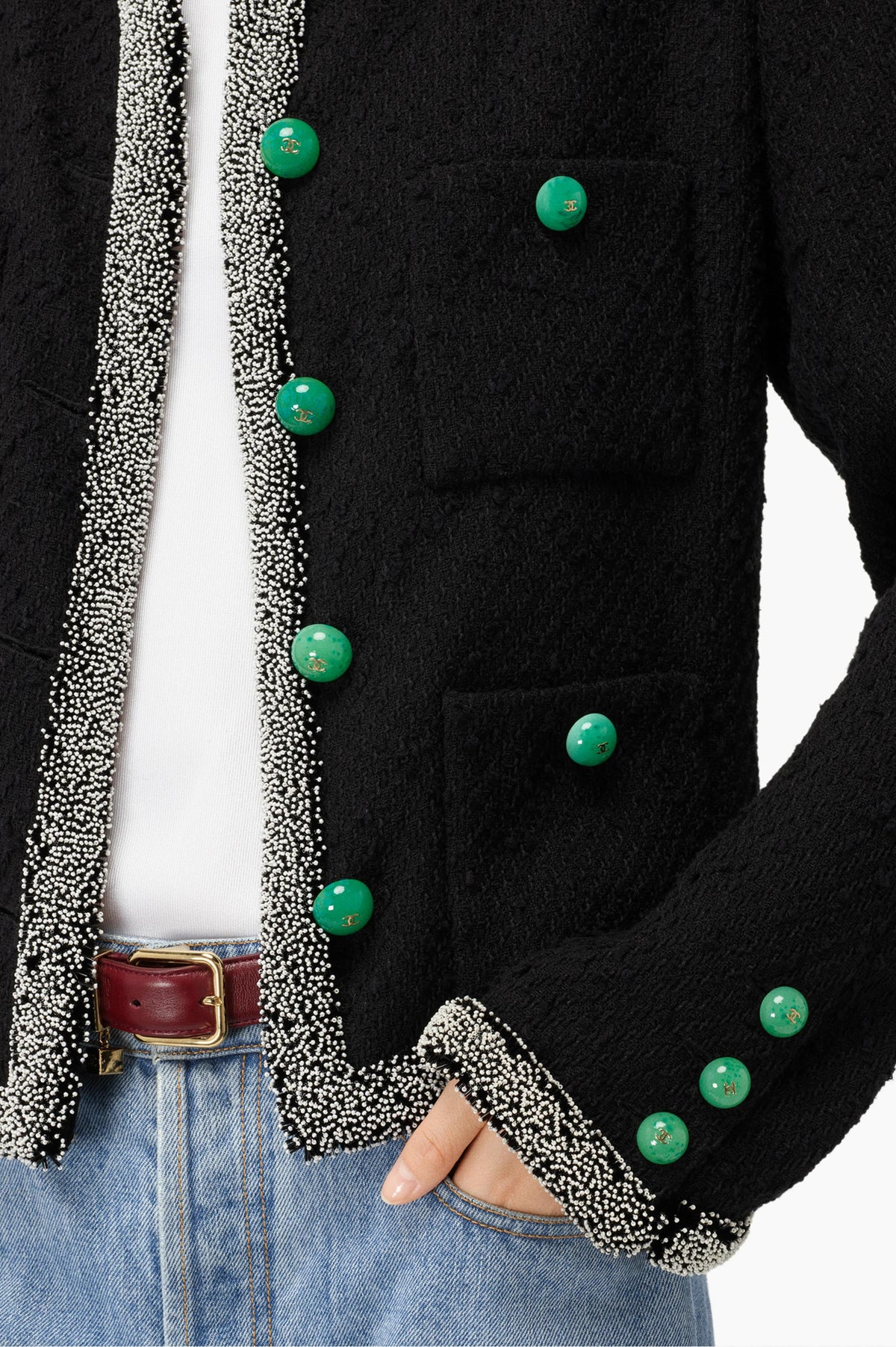 Chanel Beaded Trim Tweed Jacket with Green Buttons
