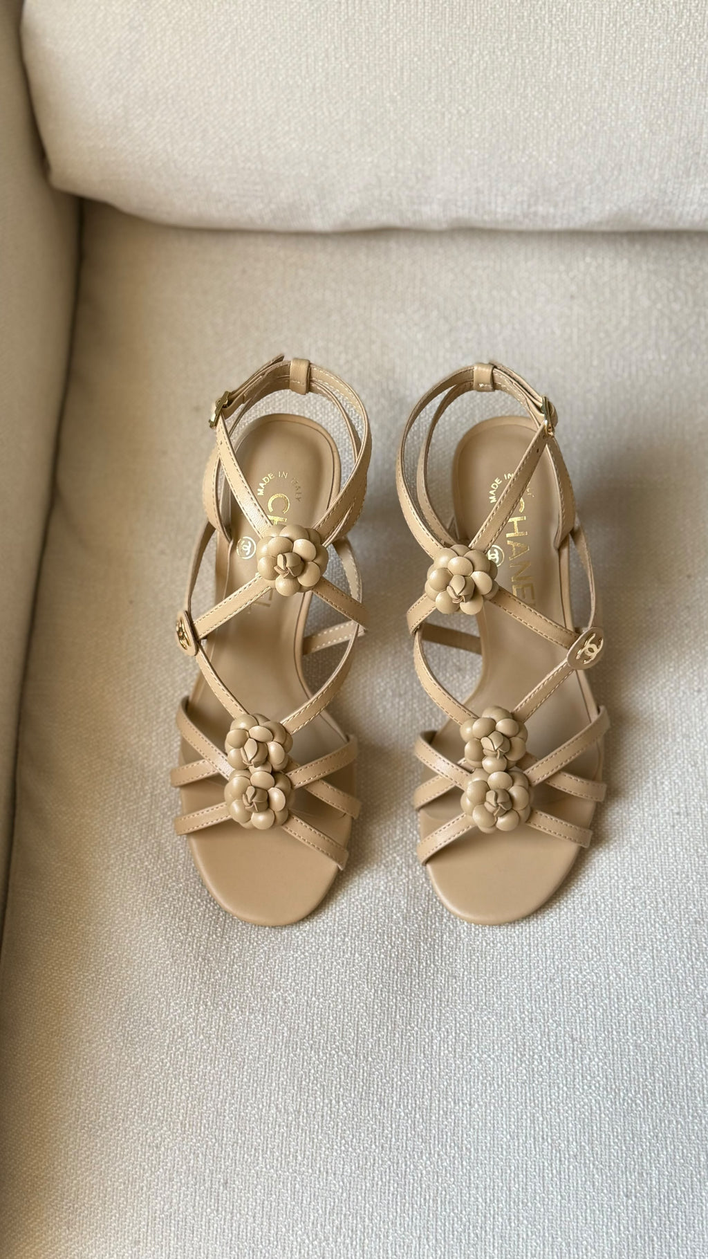 Chanel Camellia Flower Strappy Heeled Sandals