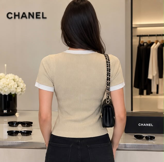 Chanel Short-Sleeve Ribbed Knit Top with Contrast Trim and CC Logo