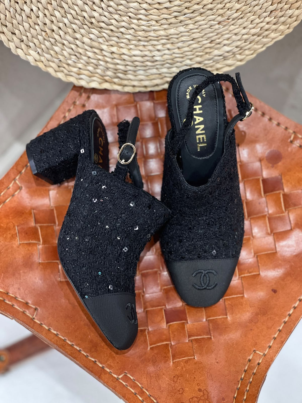 Chanel Black Tweed Sequined CC Cap-Toe Slingback Block Heel Pumps