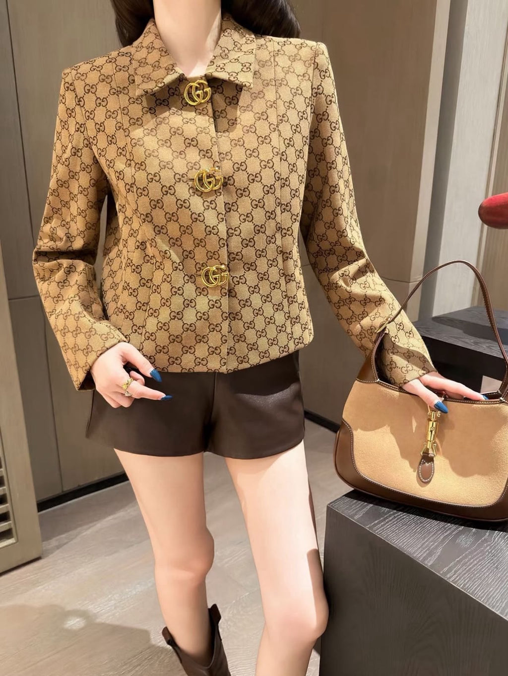 Monogram Print Blazer with Gold GG Buttons