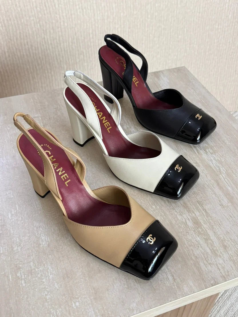 Chanel Square-Toe Block-Heel Slingbacks