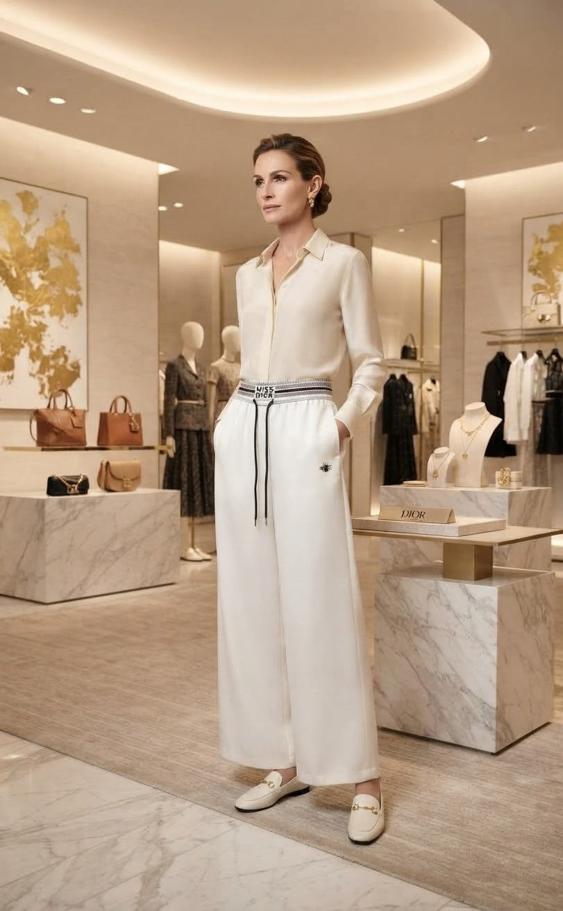 White Silk/Satin Wide-Leg Pants with Striped Waistband