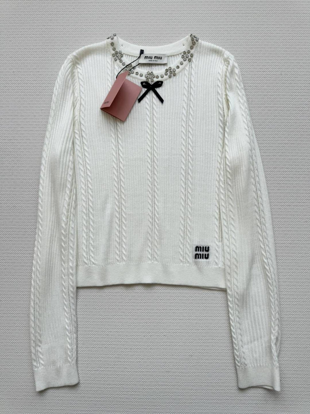 Miu Miu Crystal-Embellished Bow Cable-Knit Sweater