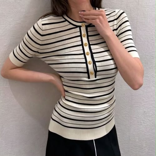Chanel Striped Ribbed Short-Sleeve Cardigan Top with Gold CC Buttons