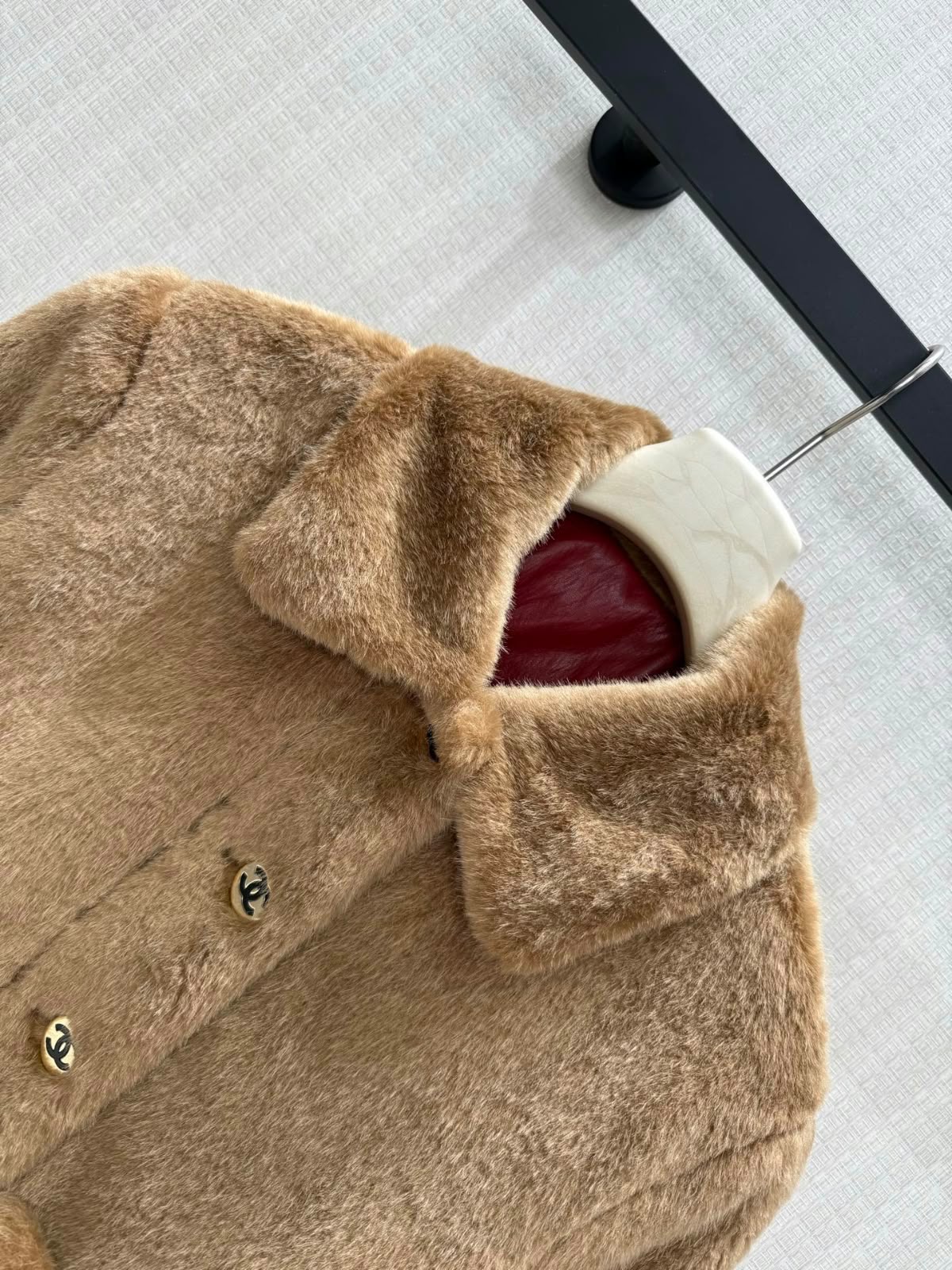 Chanel Shearling Faux Fur Short Jacket with Burgundy Silk Lining