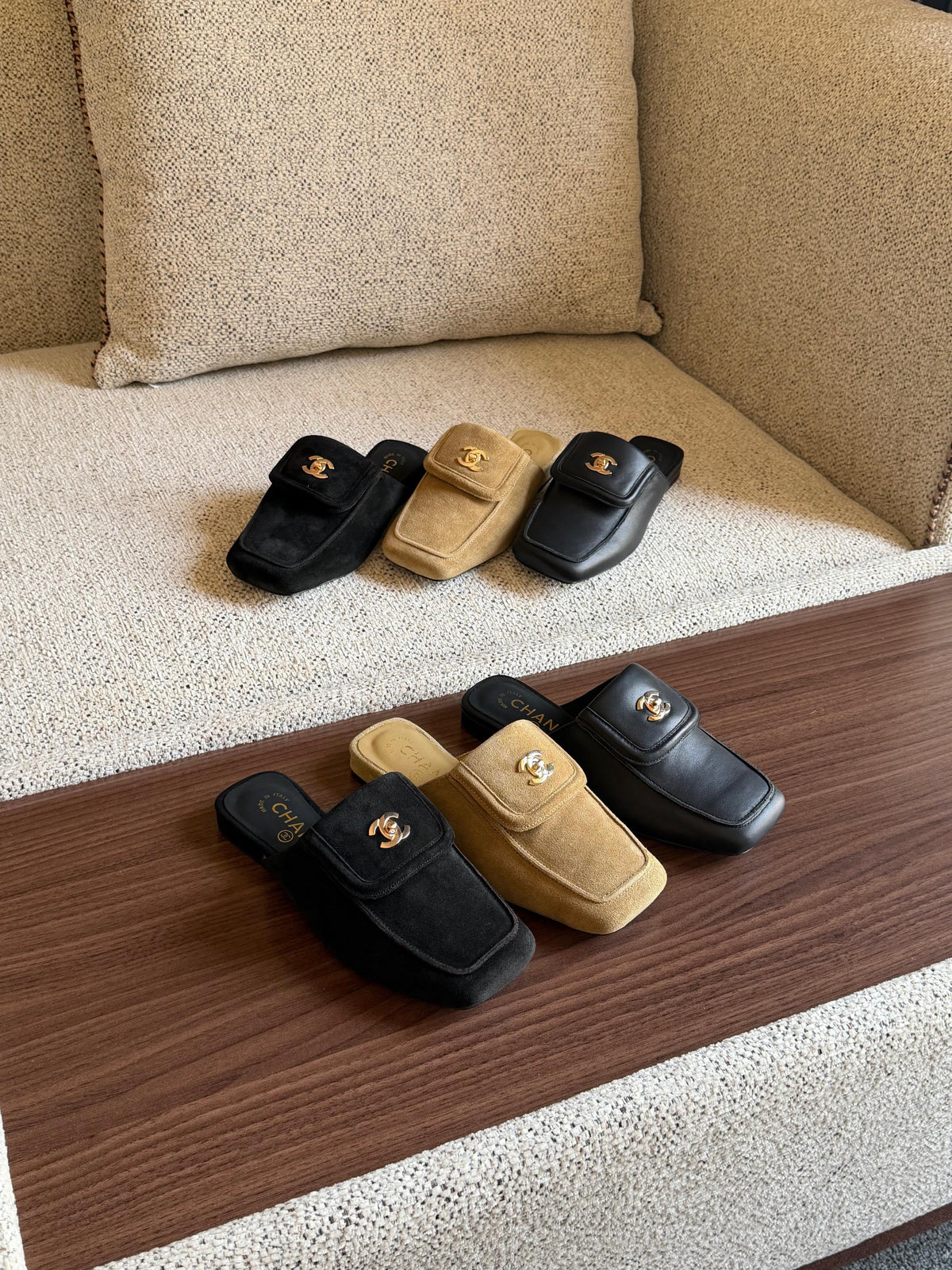 Chanel Suede CC Logo Mule Slippers / Flat Mules