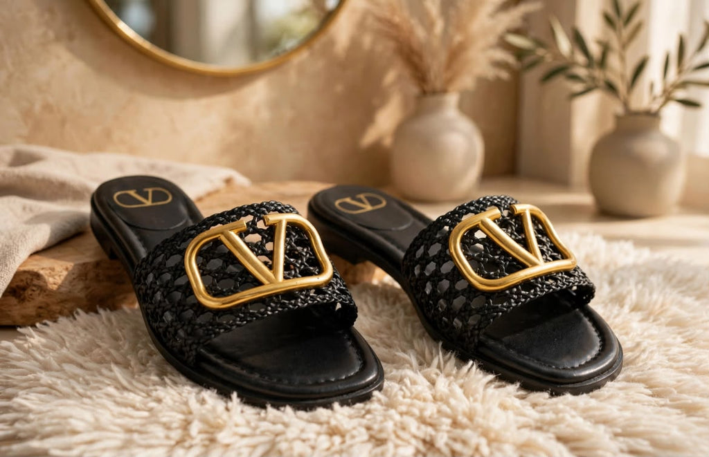 Valentino Garavani VLogo Signature Woven Straw Slide Sandals