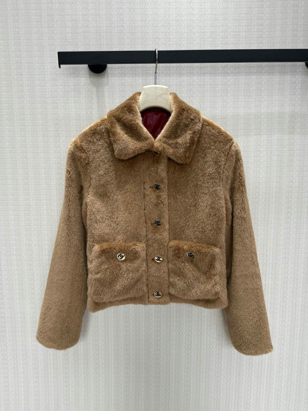 Chanel Shearling Faux Fur Short Jacket with Burgundy Silk Lining