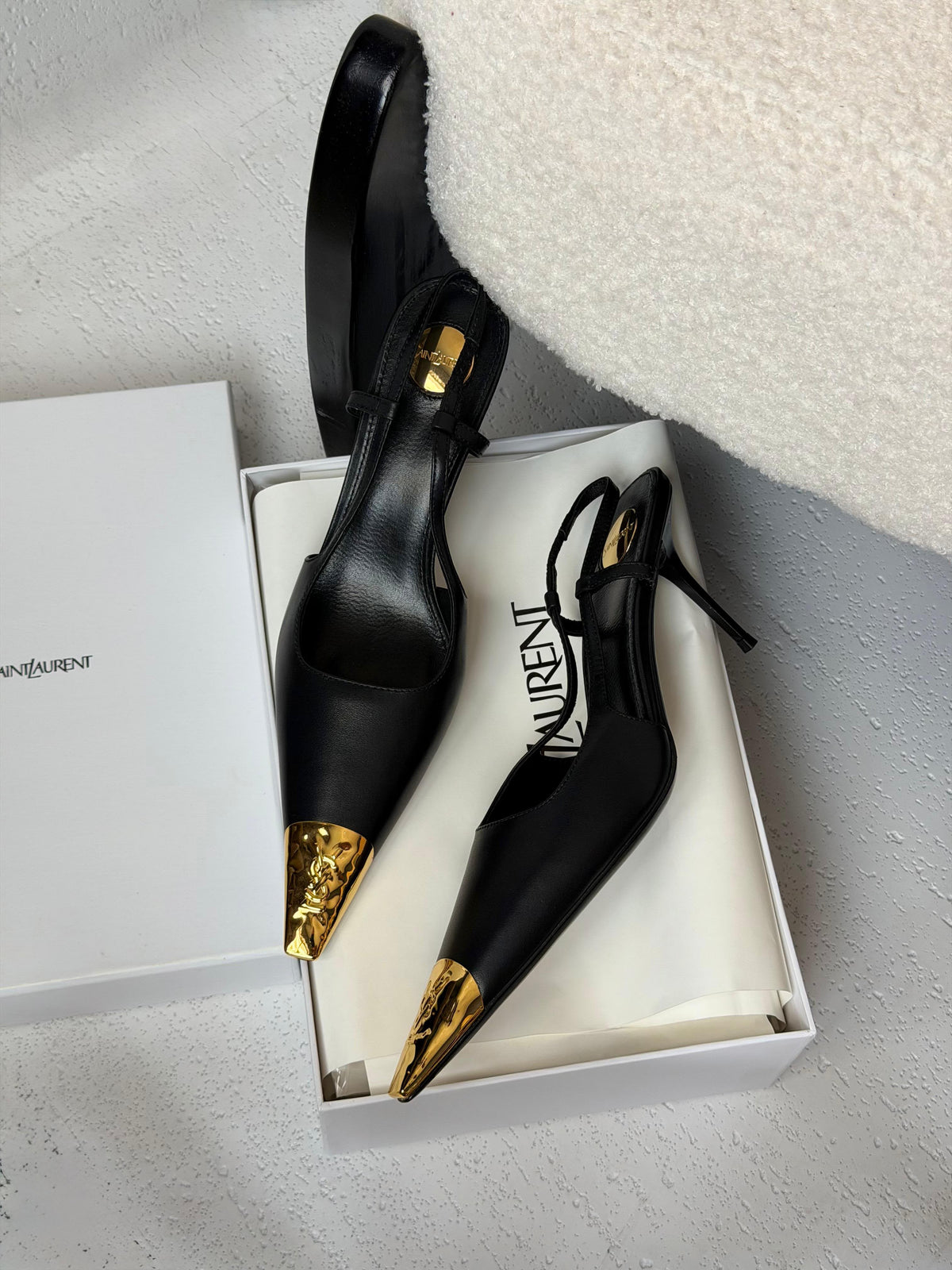 Saint Laurent Jeanne Leather Slingback Pumps with Metal Cap Toe