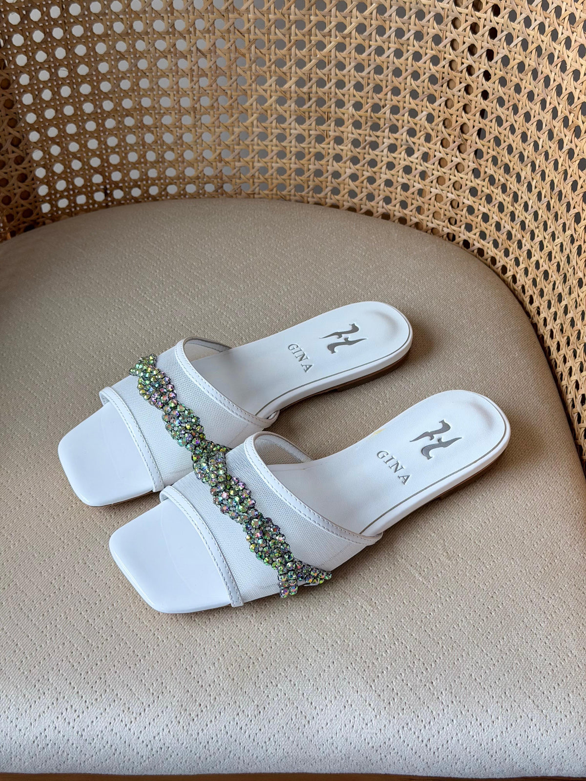 Gina Crystal-Embellished Flat Slides / Mules