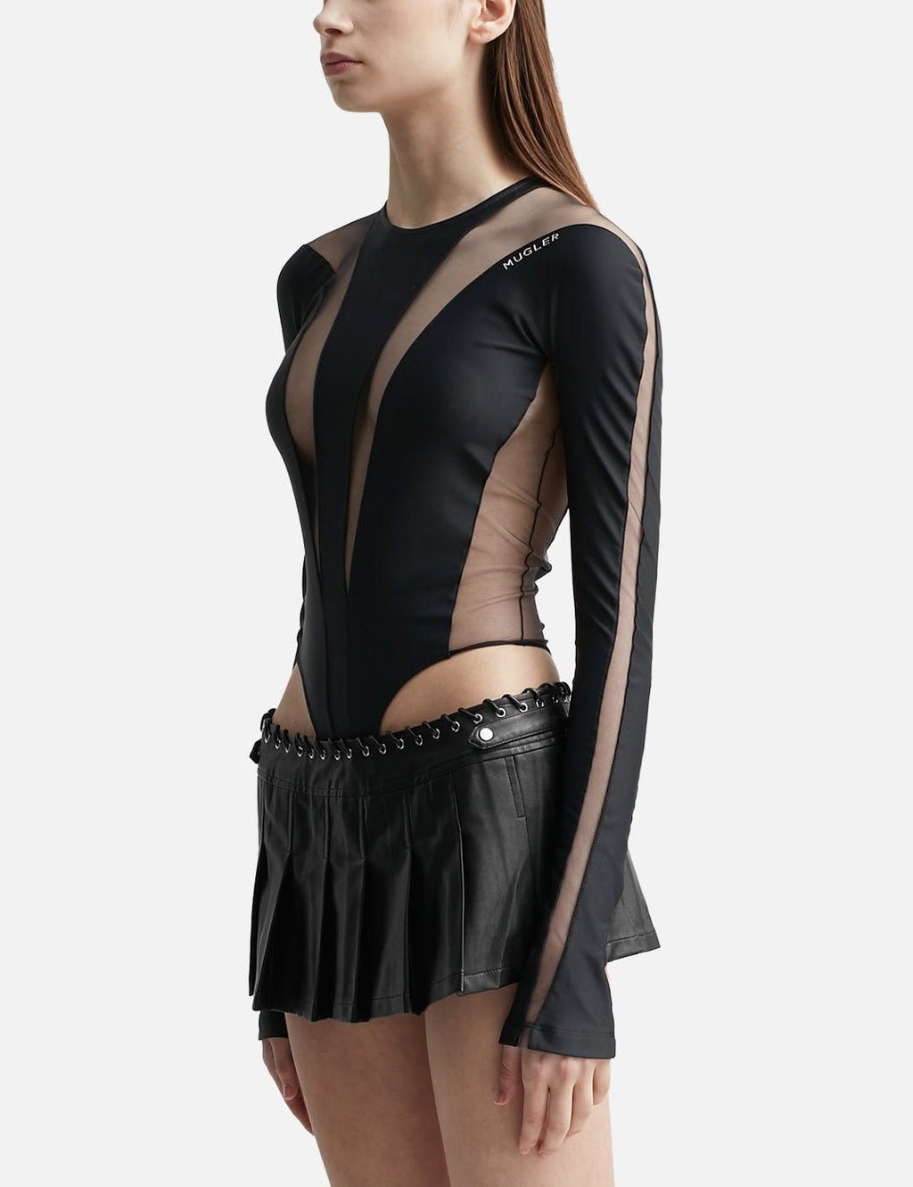 Mugler Cut-Out Long-Sleeve Bodysuit with Deep V-Neck
