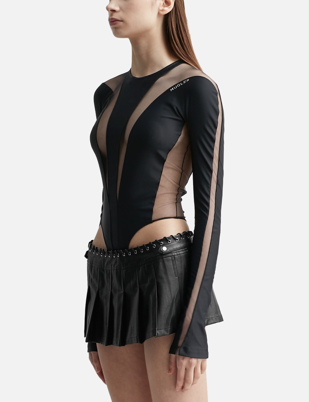 Mugler Cut-Out Long-Sleeve Bodysuit with Deep V-Neck