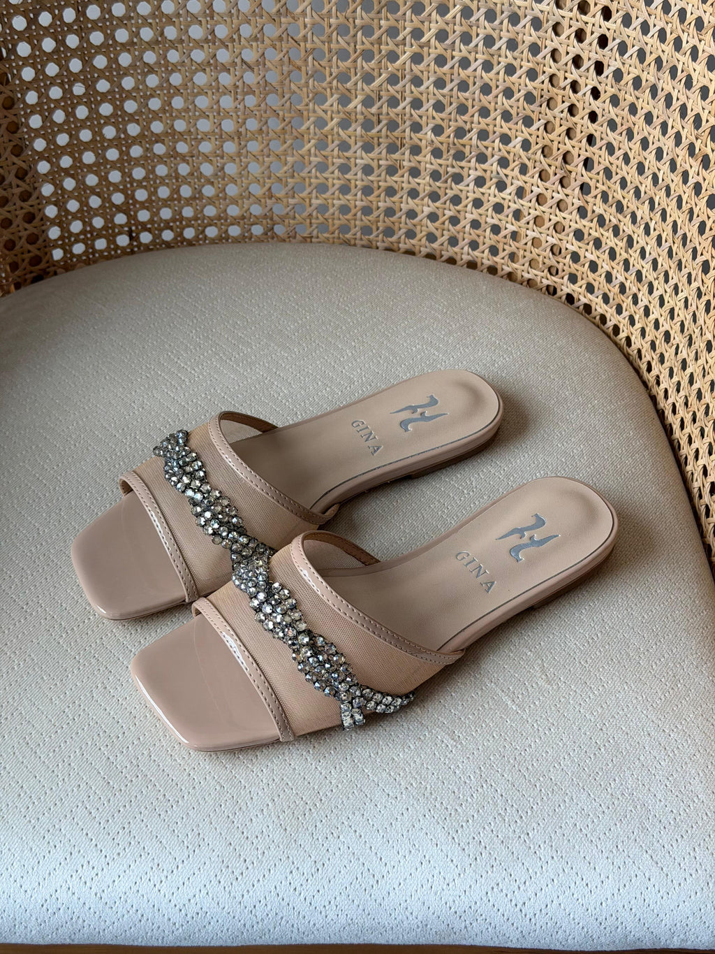 Gina Crystal-Embellished Flat Slides / Mules