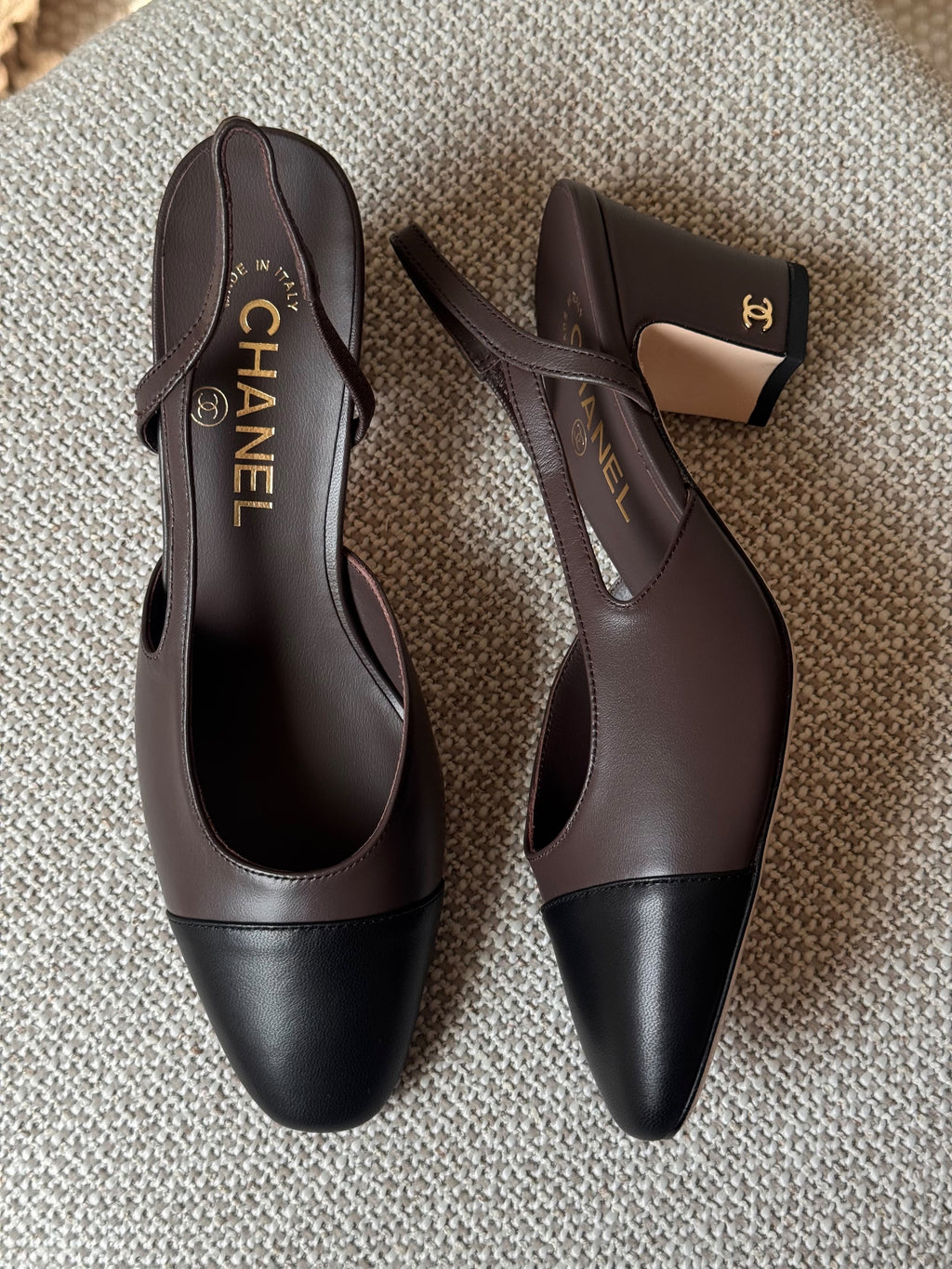 Chanel Two-Tone Leather Slingback Pumps with Contrast Cap-Toe