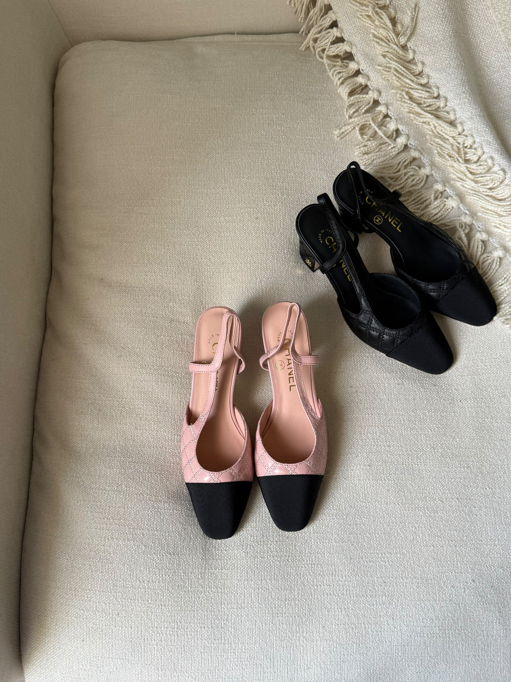CHANEL Quilted Cap-Toe Slingback Heels