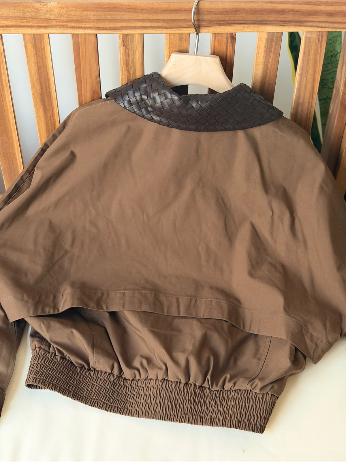 Bottega Veneta Crop Jacket with Contrast Woven Leather Collar