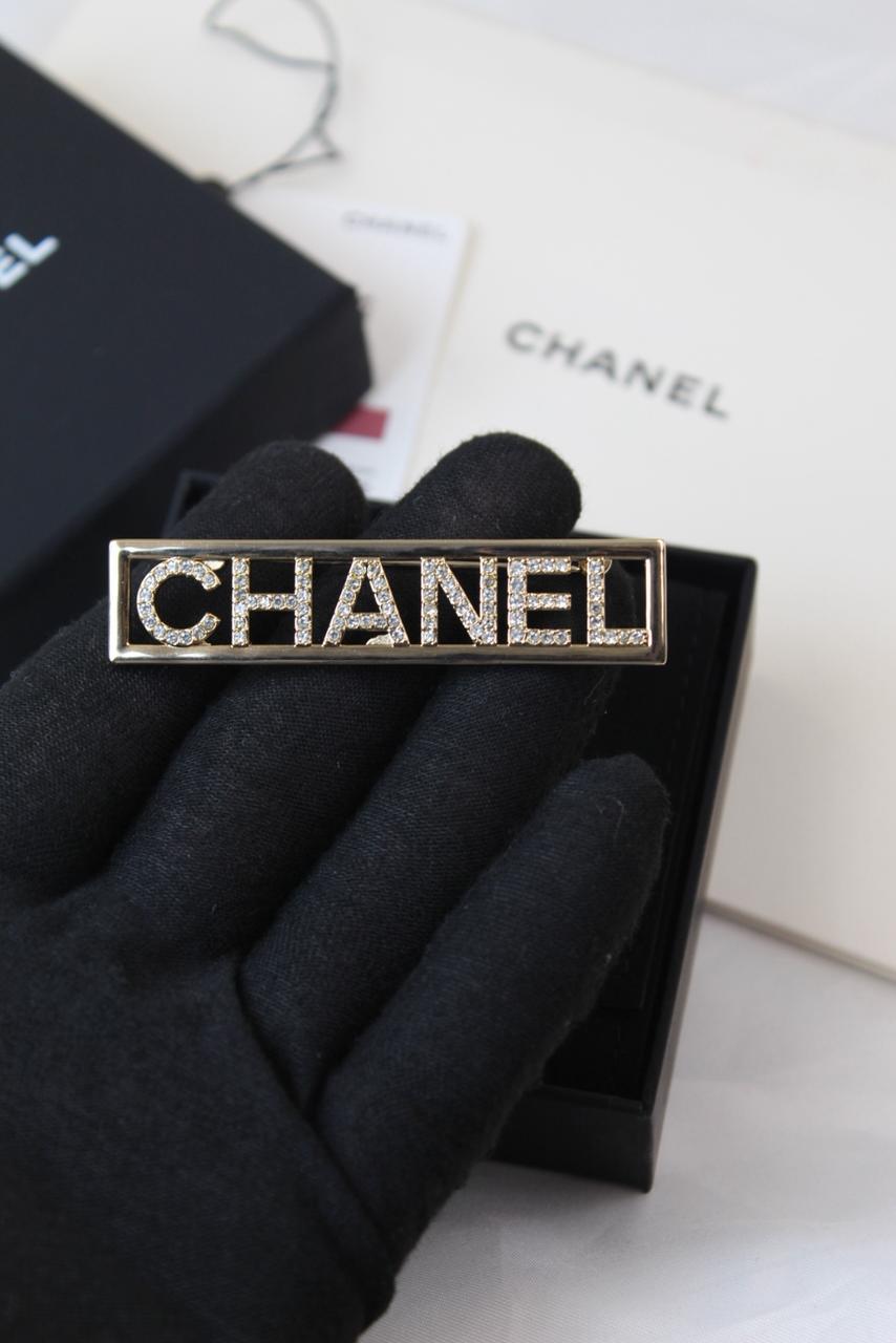 Chanel-Inspired Gold-Tone Crystal Logo Brooch