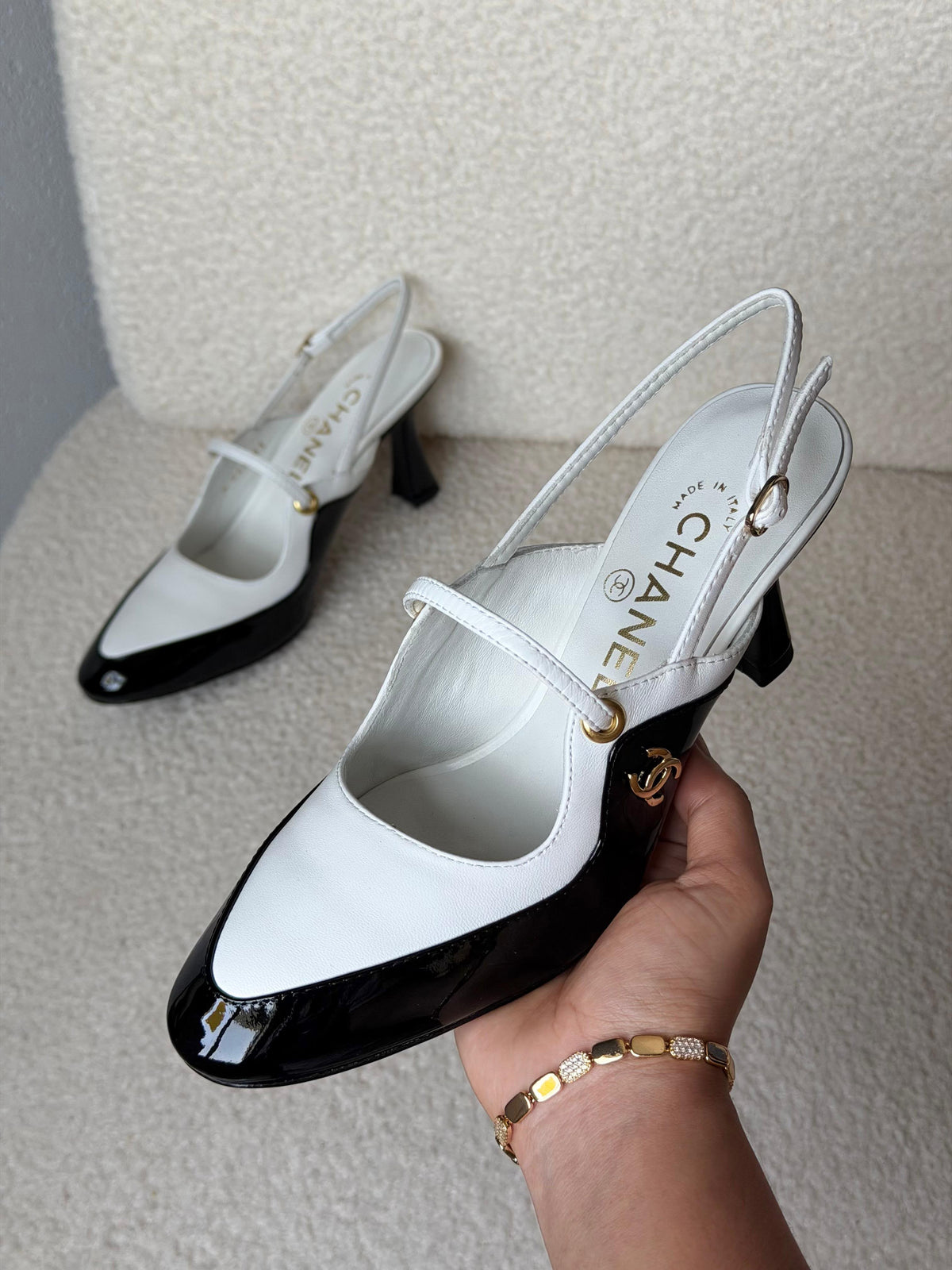 Chanel Two-Tone Patent and Leather Slingback Heels with T-Strap and CC Logo