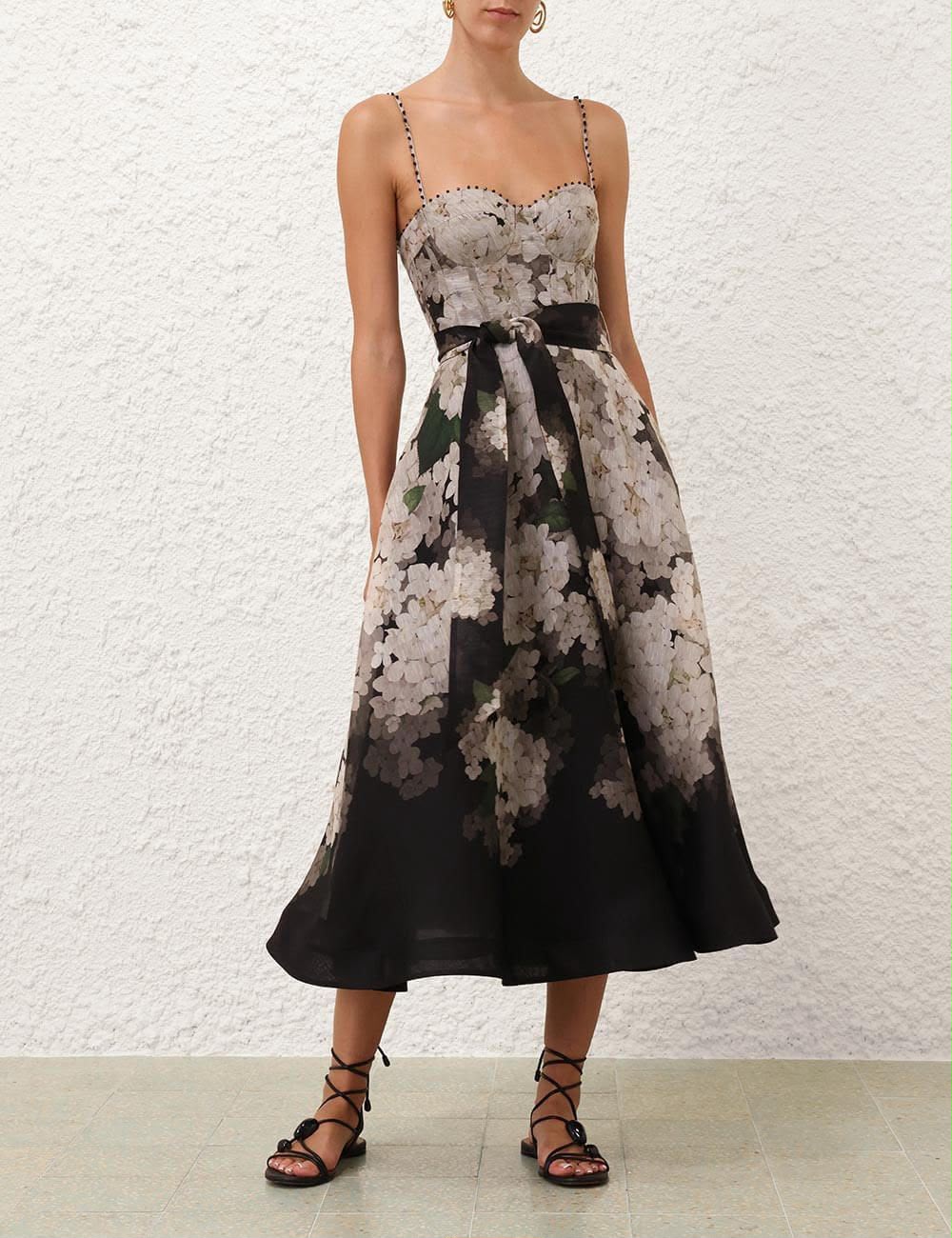 Zimmermann Valiant Corset Linen and Silk-Blend Midi Dress in Black Floral
