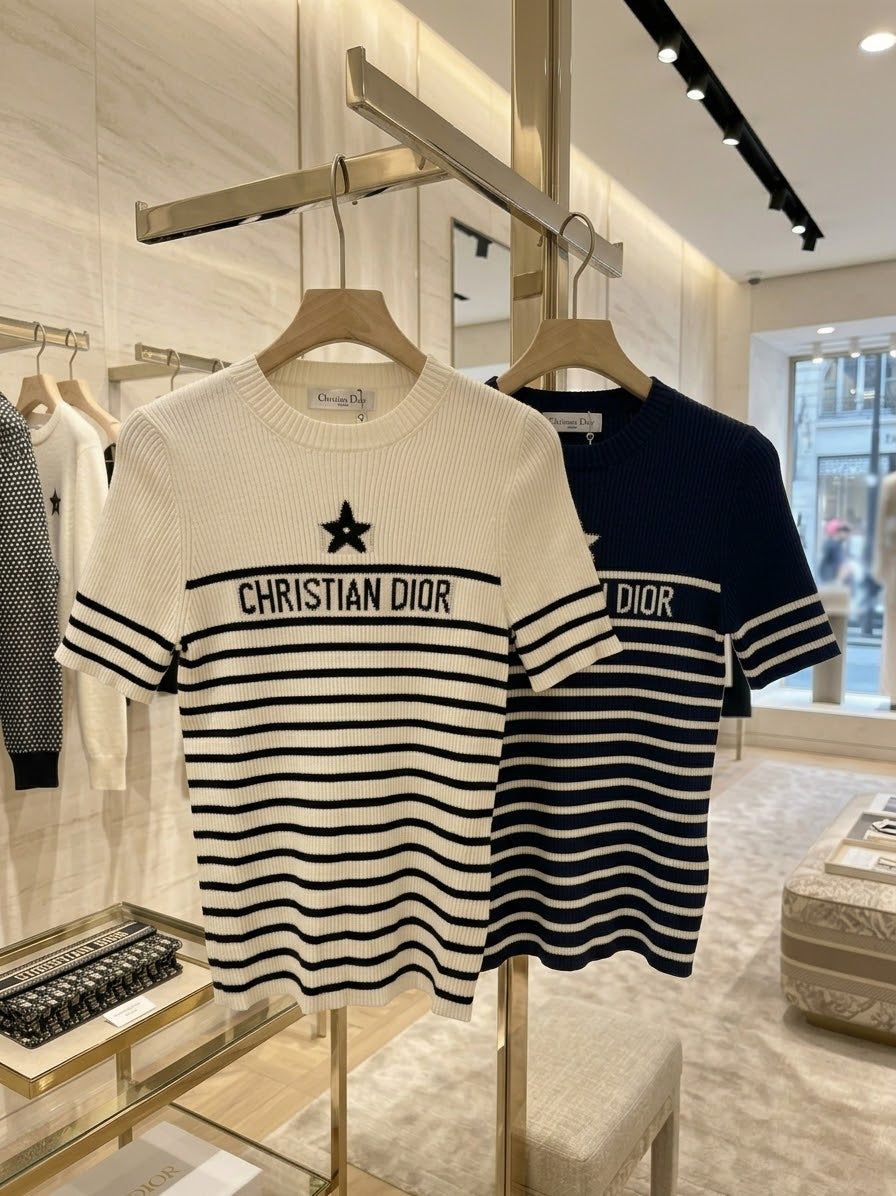 Christian Dior Striped Short-Sleeve Knit Top