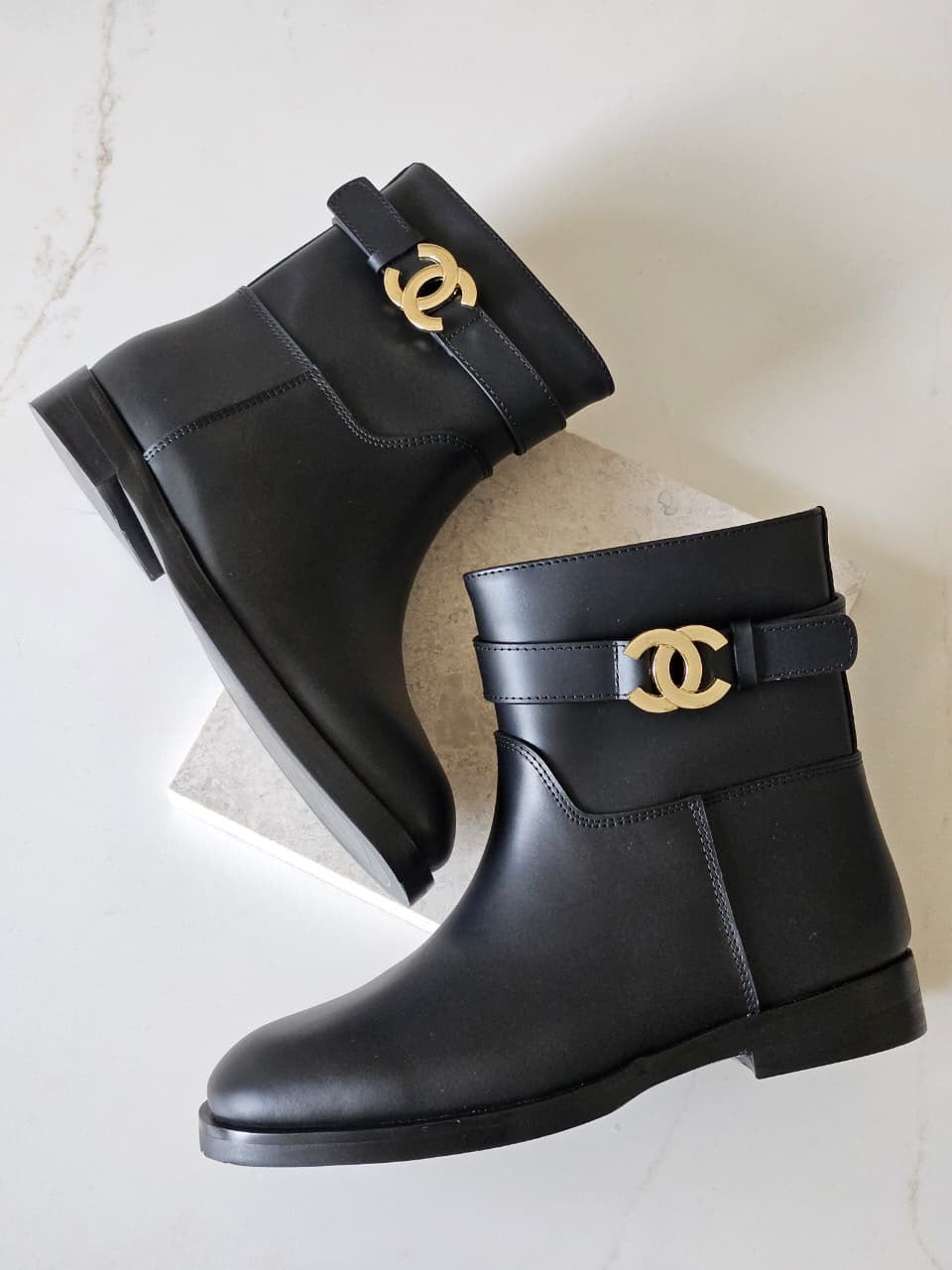 Chanel Black Leather Boot with Gold CC Logo Buckle