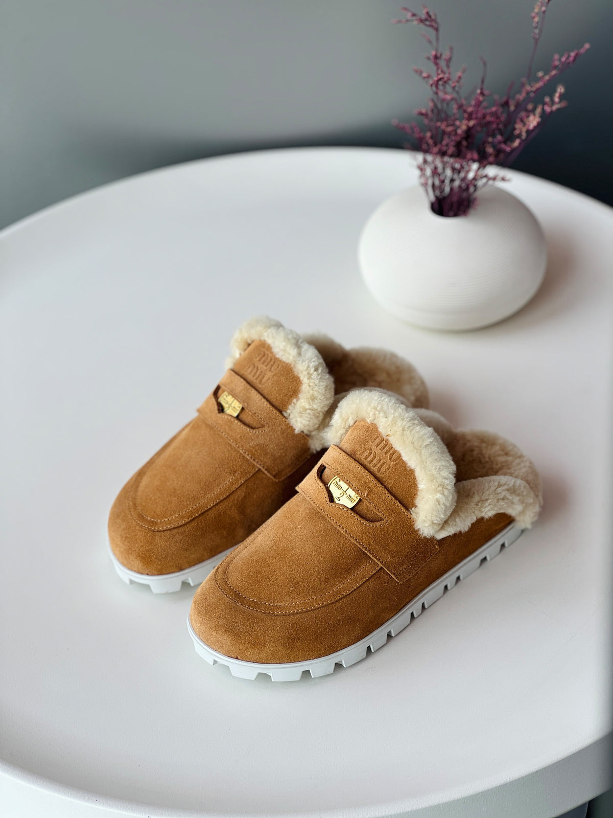Miu Miu Shearling-Lined Suede Loafers
