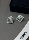 Chanel CC Crystal Pearl Square Stud Earrings