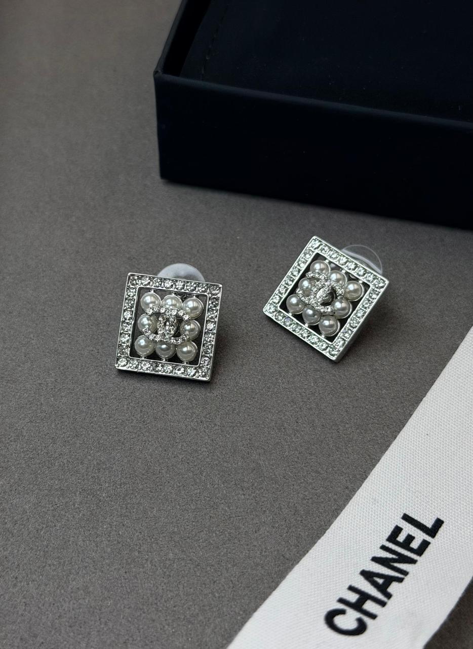 Chanel CC Crystal Pearl Square Stud Earrings