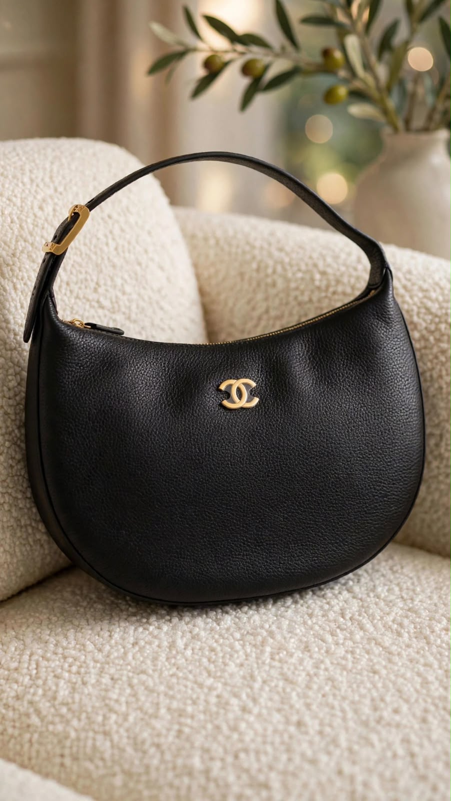 Chanel Grained Leather Crescent Hobo Shoulder Bag