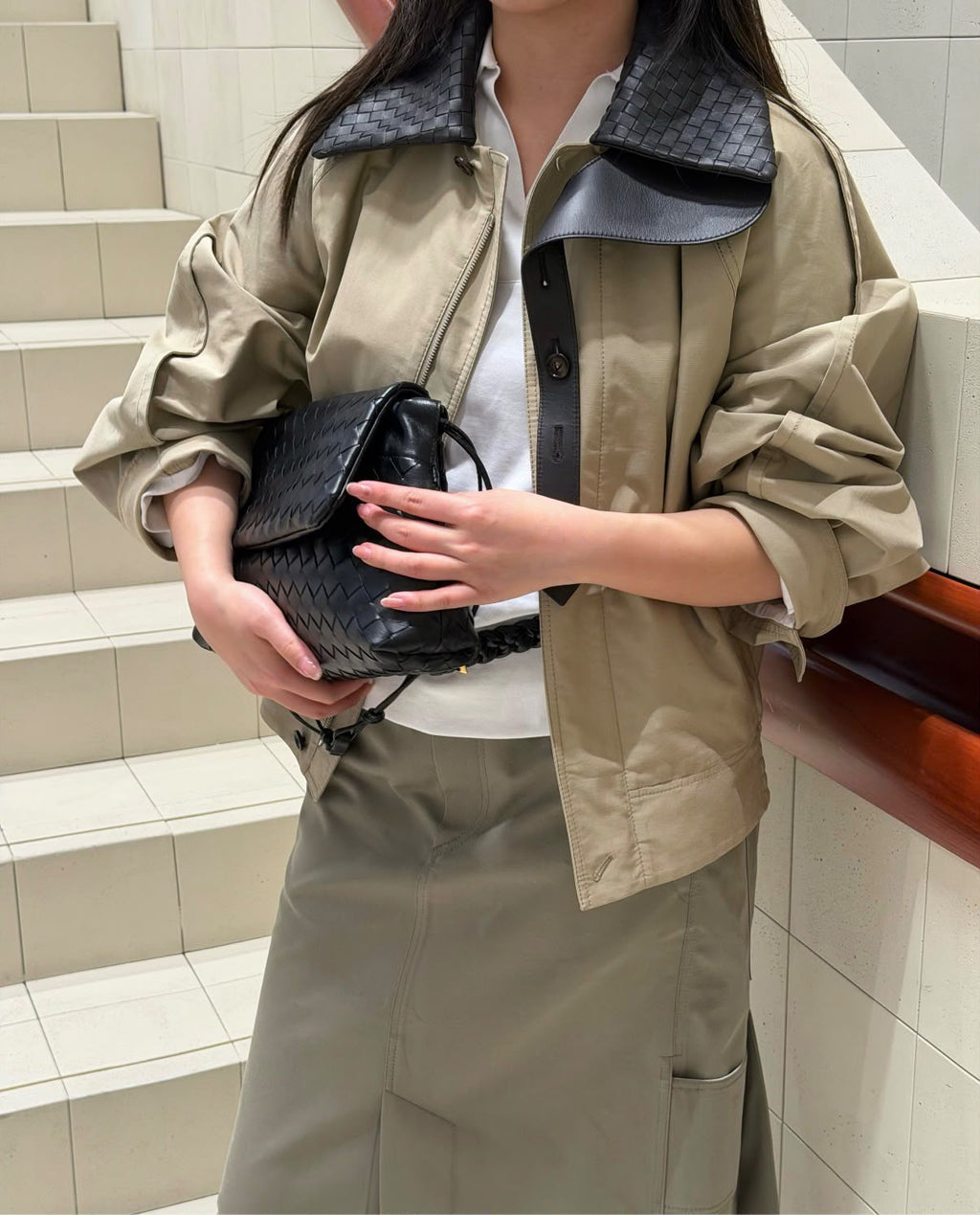Bottega Veneta Intrecciato Leather Collar Cotton Canvas Jacket