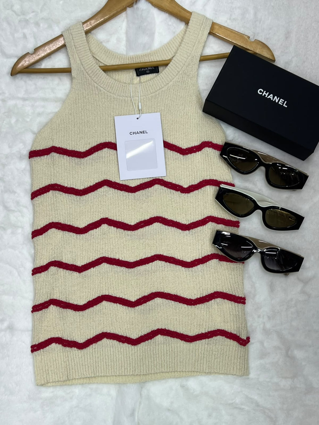 Chanel Wave Striped Ribbed Knit Tank Top