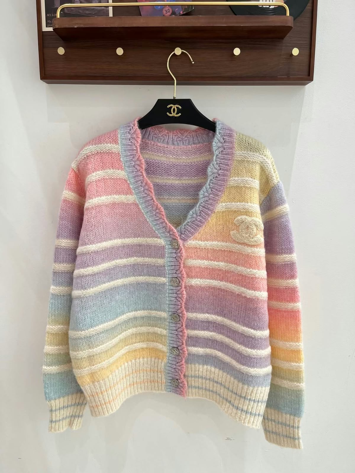 Chanel Pastel Rainbow Striped Knit CC Logo Cardigan