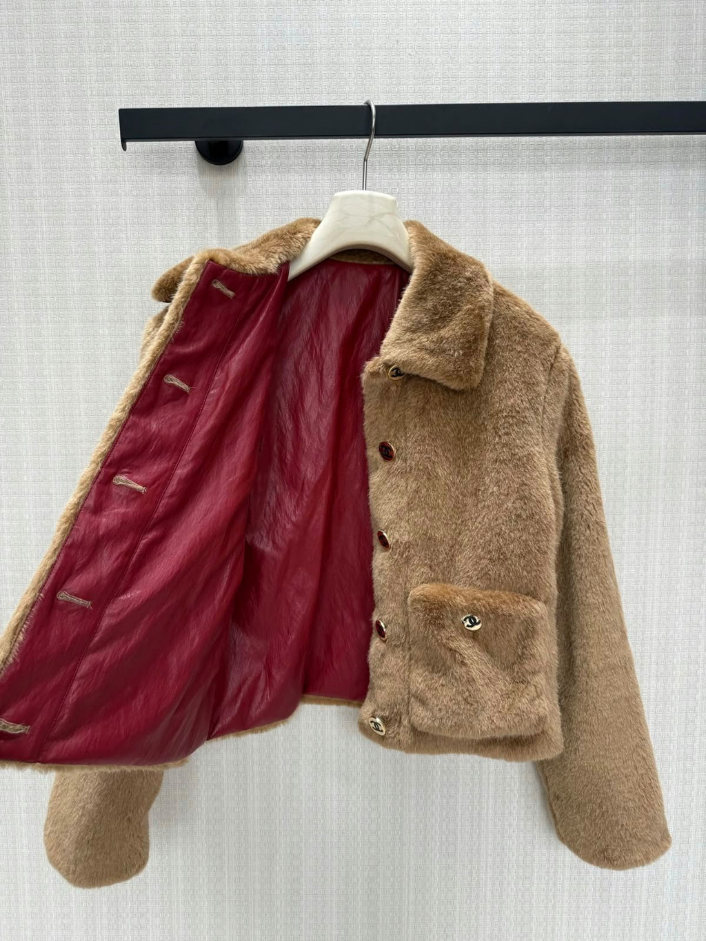 Chanel Shearling Faux Fur Short Jacket with Burgundy Silk Lining