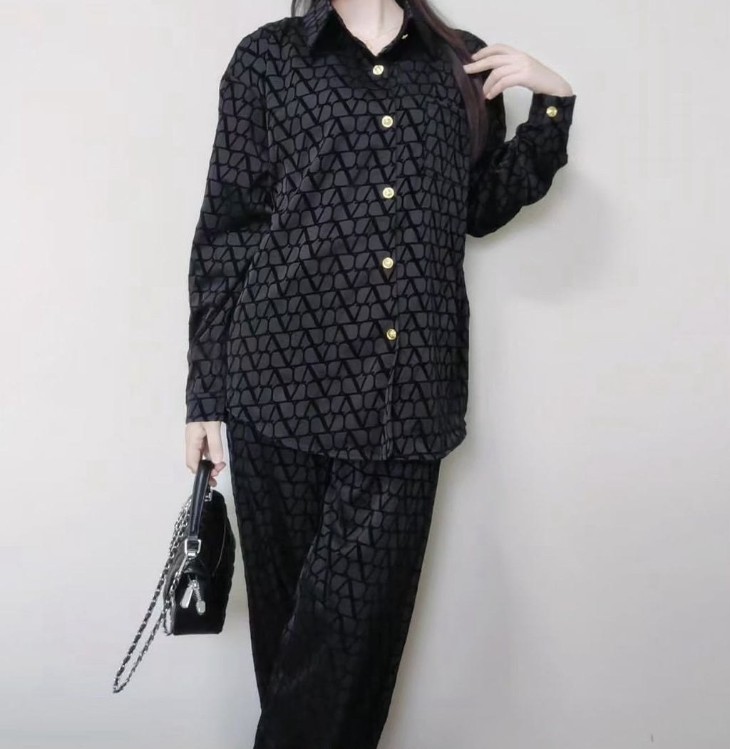 Valentino Monogram Print Silk Shirt and Pants Set