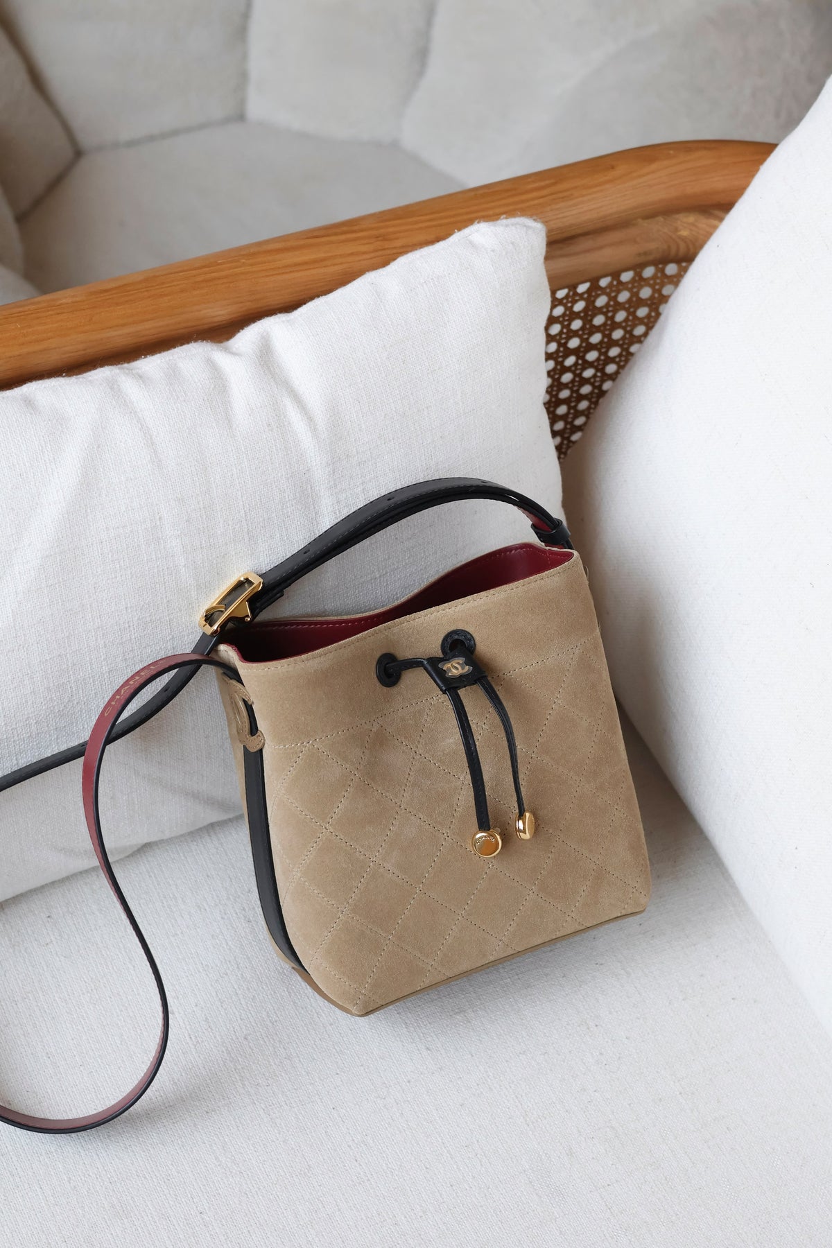 Chanel Suede Quilted Bucket Bag with CC Logo and Adjustable Strap