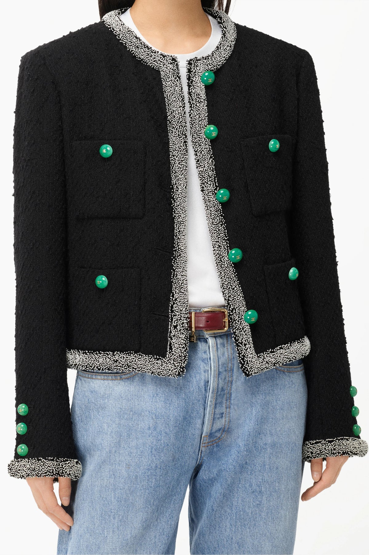 Chanel Beaded Trim Tweed Jacket with Green Buttons